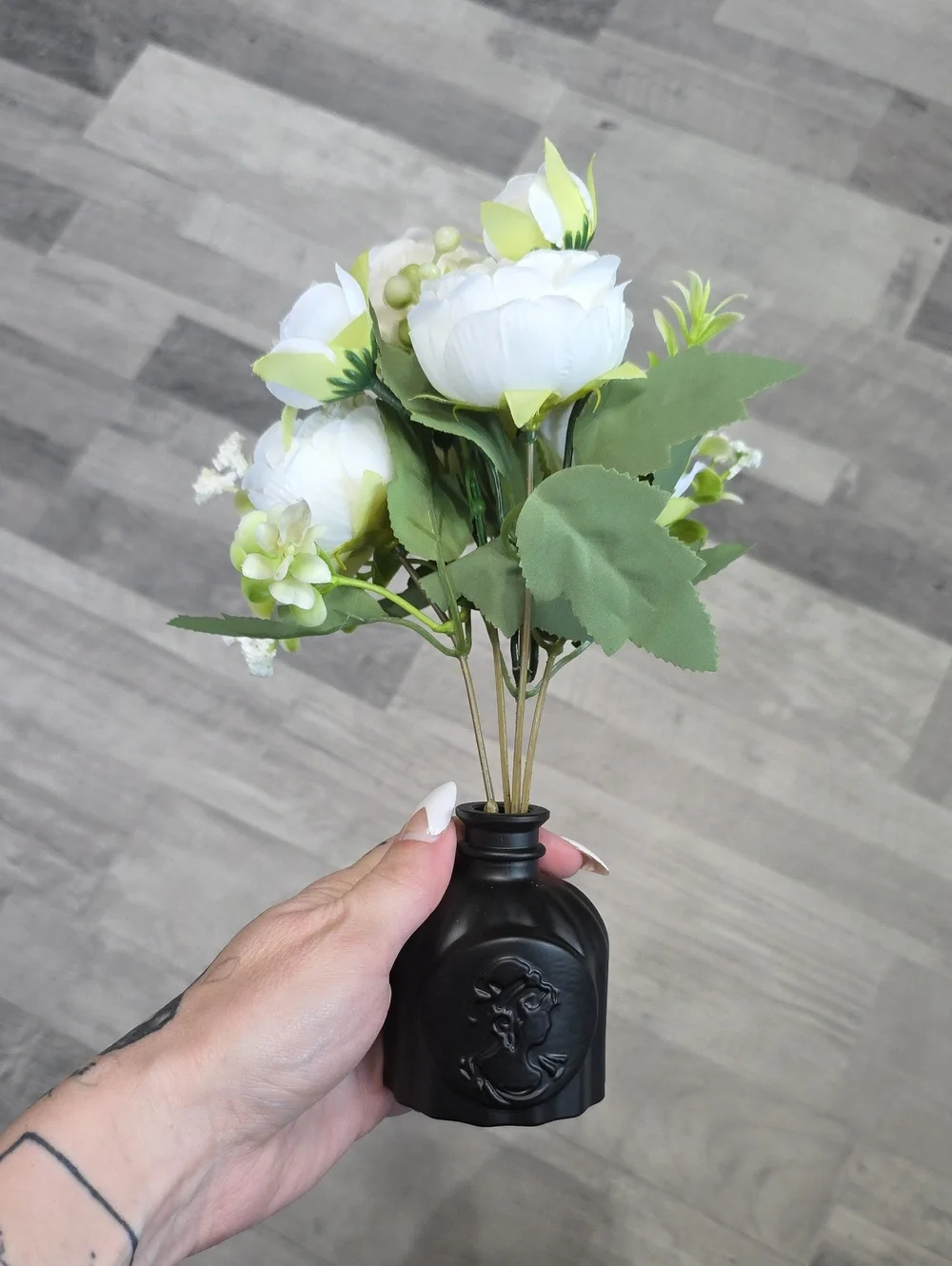 White and Green Faux Peony Bouquet in Black Vase